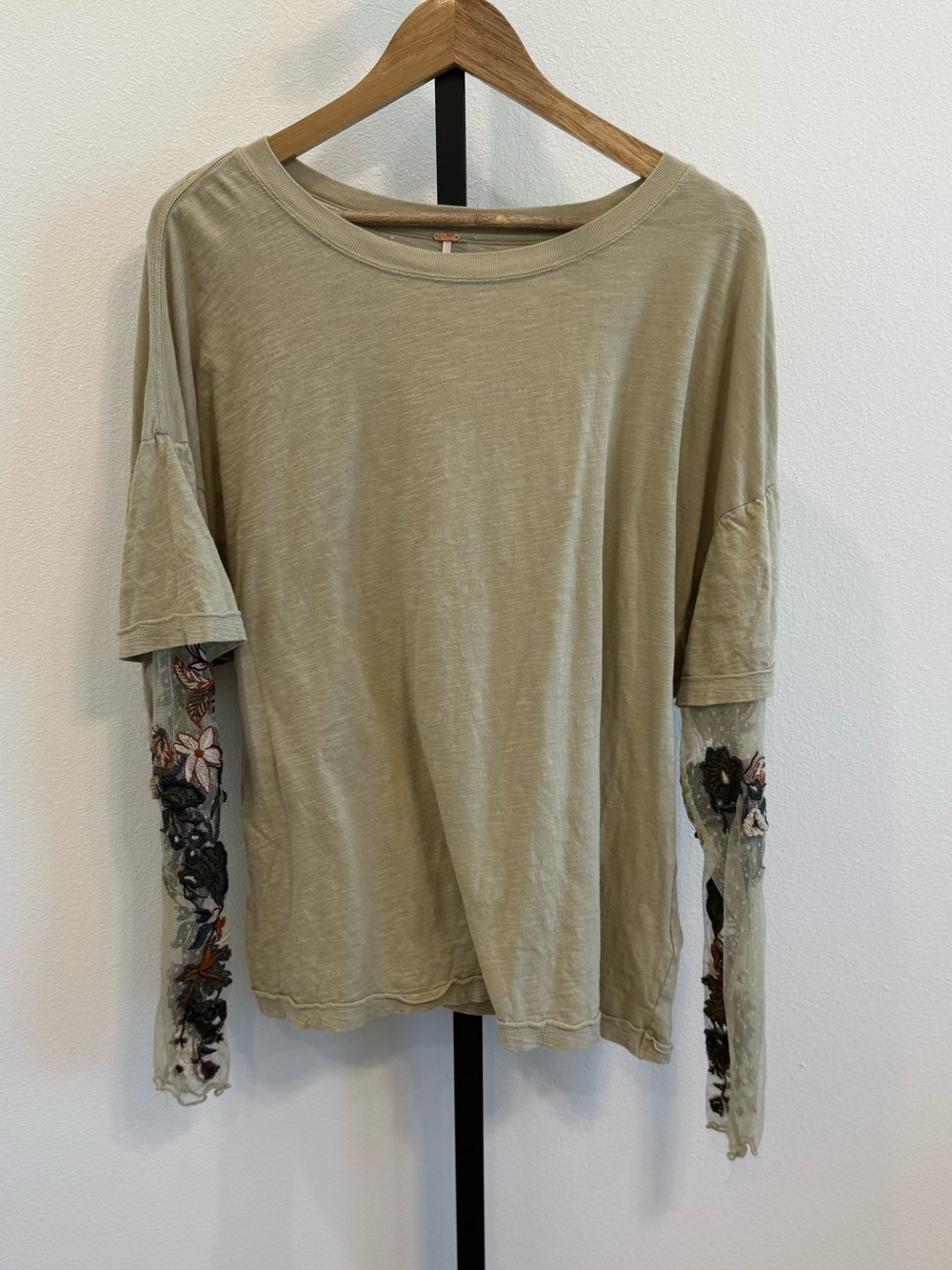 Free People Gardner Tee Olive  Green Layered Long Sleeve Embroidered Floral Mesh